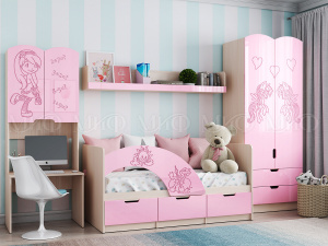 юниор-3 набор мебели для детской №2, розовый металл, дуб беленый фото