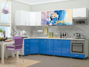 кухня фотопечать ромашки 2,0м, белый шагрень/синий металлик фото