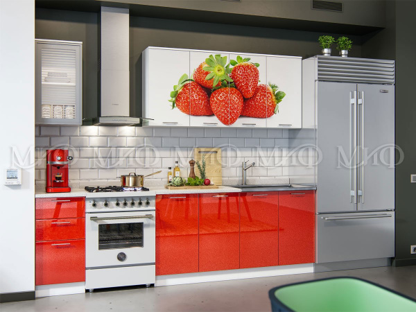 Фото кухня фотопечать клубника 2,0м, белый глянец холодный/красный металлик МИФ