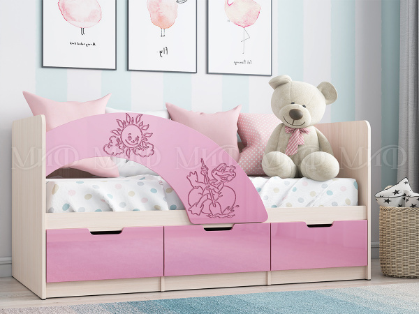 Фото юниор-3 (мульт) кровать 1,6*0,8м, розовый металлик, дуб беленый МИФ