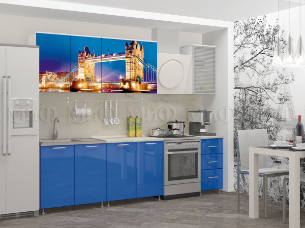 Фото кухня фотопечать лондон-1 2,0м, белый шагрень/синий металлик МИФ