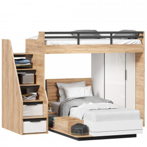 кровать-чердак, кровать односпальная с тумбой приставной и шкафом для одежды урбан (правая дуб золотой/белый) фото