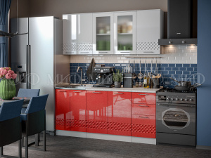 кухня волна 1,8м, белый глянец холодный/красный металлик фото