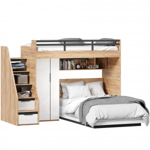 кровать-чердак, кровать полутороспальная с шкафом для одежды и полками урбан (правая дуб золотой/белый) фото