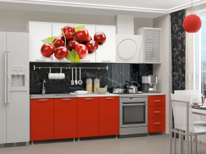 кухня фотопечать вишня 2,0м, белый глянец холодный/красный металлик фото