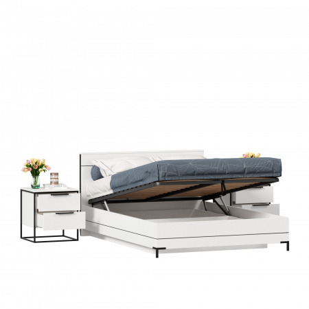Фото кровать двуспальная 1400 с подъемным механизмом норд с тумбами (белый/статуарио) Любимый Дом