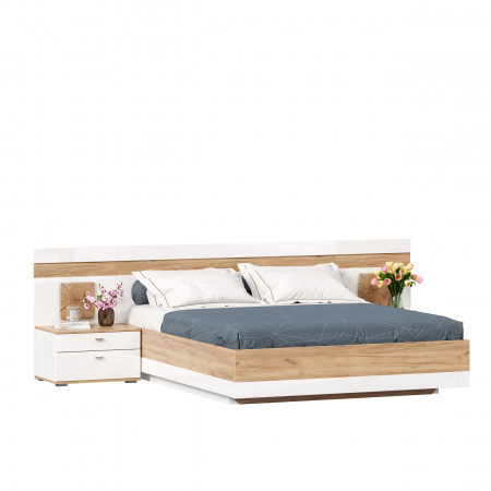 Фото кровать двуспальная 1600 с тумбами с подъёмным механизмом и декоративным щитом фиджи (дуб золотой/белый) Любимый Дом