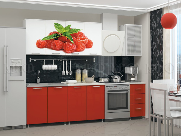 Фото кухня фотопечать малина 2,0м, белый глянец холодный/красный металлик МИФ