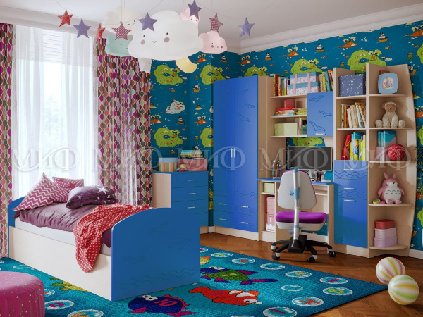 Фото юниор-2 матовый набор мебели для детской, синий, дуб беленый МИФ