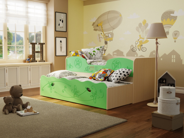 Фото омега-11 мдф кровать 2-ярусная с выкатным спальным местом, млечный дуб/салатовая шагрень Фант