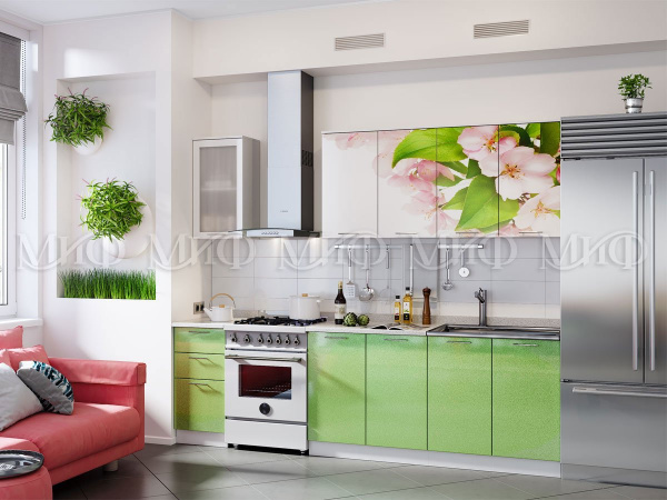 Фото кухня фотопечать яблоневый цвет 2,0м, белый глянец холодный/салатовый металлик МИФ
