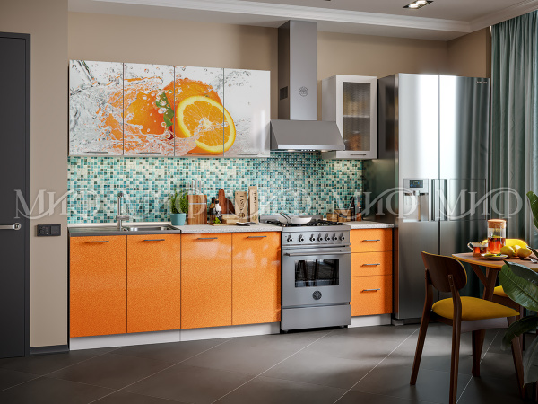 Фото кухня фотопечать апельсин 2,0м, белый глянец холодный/оранжевый металлик МИФ