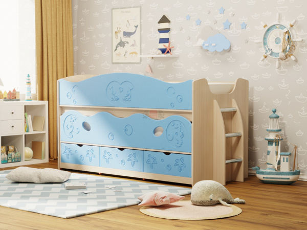 Фото омега-10 мдф кровать 2-ярусная с выкатным спальным местом, млечный дуб/голубое небо Фант