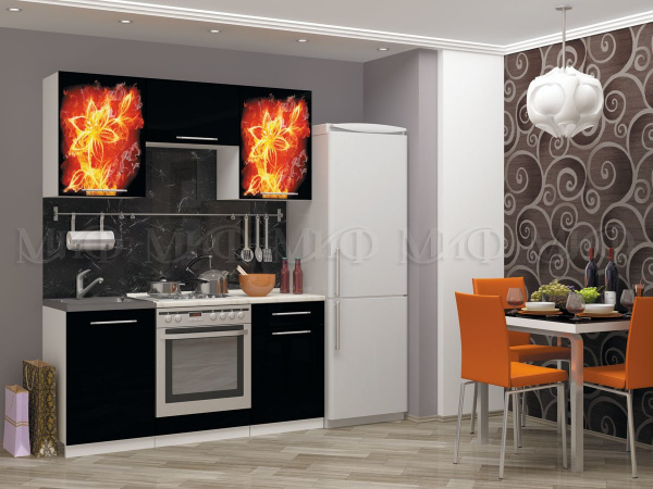 Фото кухня фотопечать огненный цветок 1,6м, черный металлик МИФ