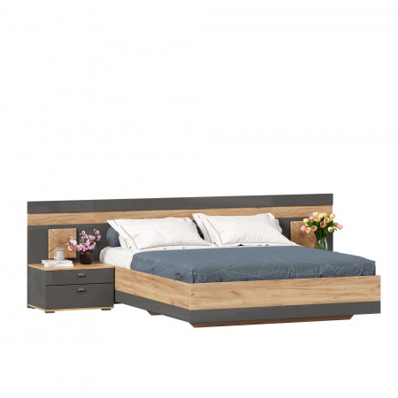 Фото кровать двуспальная 1600 с тумбами и декоративным щитом фиджи (дуб золотой/антрацит) Любимый Дом