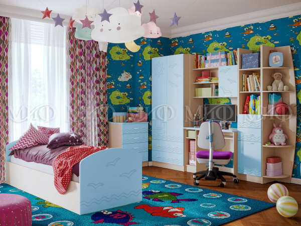 Фото юниор-2 матовый набор мебели для детской, голубой, дуб беленый МИФ