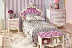 Фото кровать односпальная 900 с мягким изголовьем маркиза (алебастр/сиреневый) Любимый Дом