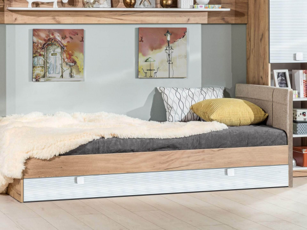 Фото кровать односпальная 900 с мягким изголовьем модекс-2 (дуб золотой м) Любимый Дом