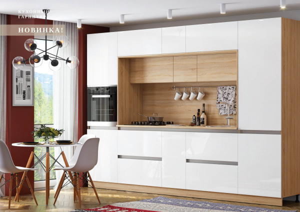 Фото карина модульная кухня, белый глянцевый, сонома МИФ