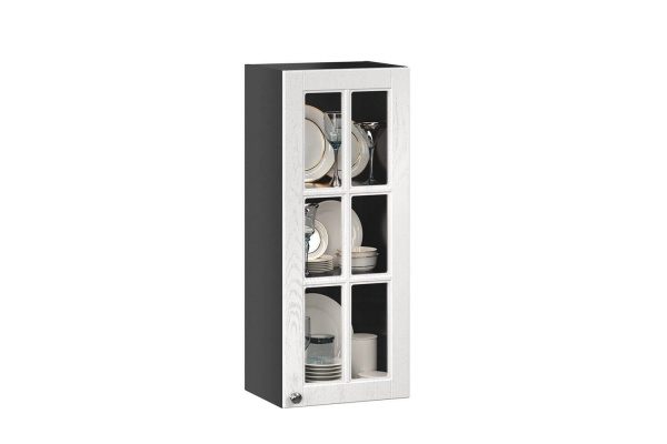 Фото шкаф кухонный 400 высокий со стеклом мокка тип 2 (чёрный/дуб фактурный белый) Любимый Дом