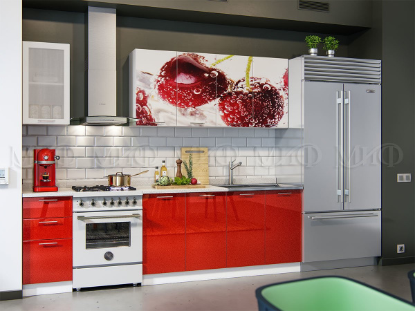 Фото кухня фотопечать черешня 2,0м, белый глянец холодный/красный металлик МИФ