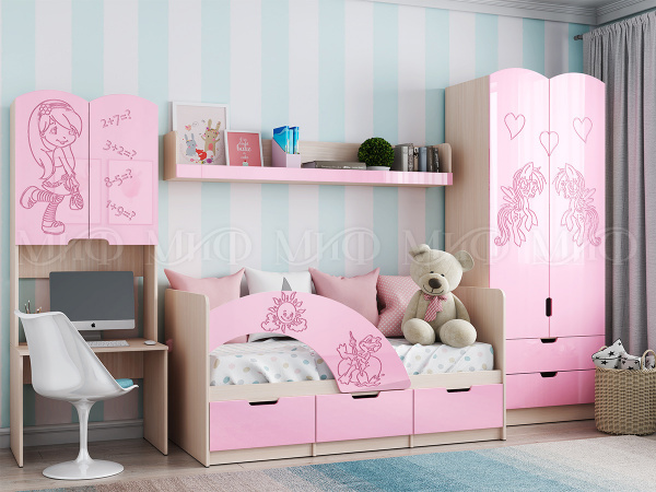 Фото юниор-3 набор мебели для детской №2, розовый металл, дуб беленый МИФ