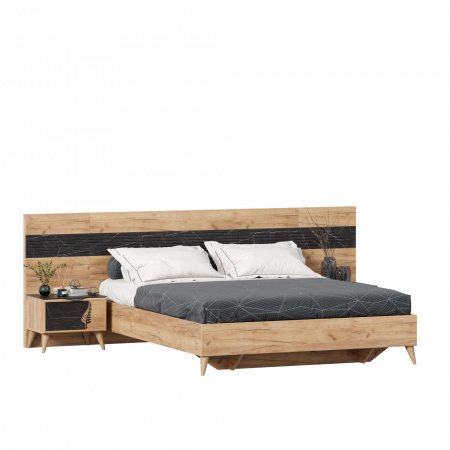 Фото кровать двуспальная 1600 с тумбами и декоративным щитом шелли (дуб золотой/мрамор чёрный) Любимый Дом