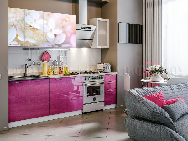 Фото кухня фотопечать вишневый цвет 2,0м, белый глянец холодный/сиреневый металлик МИФ