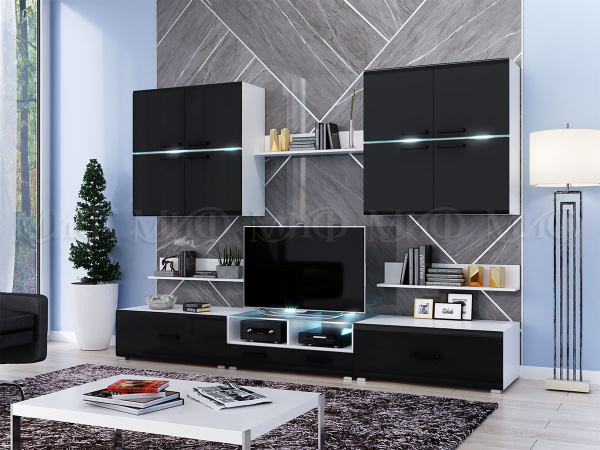 Фото квадро набор мебели для гостиной, черный глянец, белый МИФ