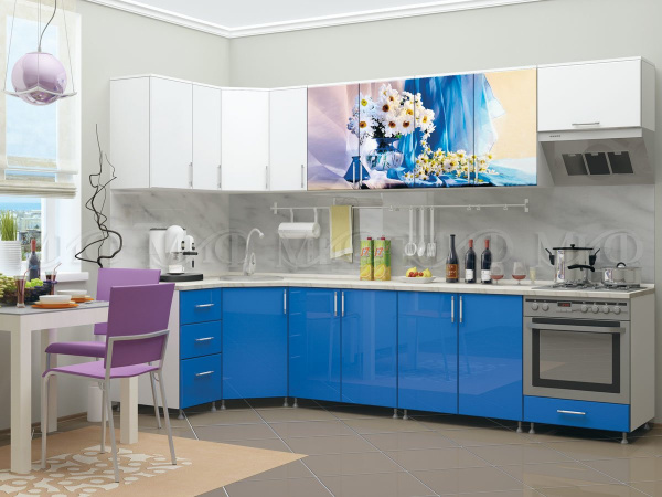 Фото кухня фотопечать ромашки 2,0м, белый шагрень/синий металлик МИФ
