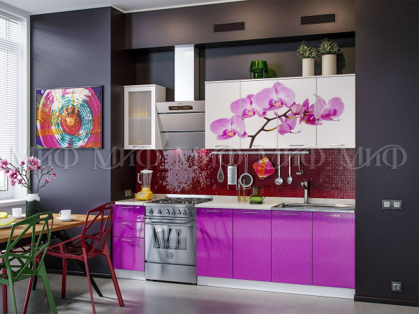 Фото кухня фотопечать орхидея фиолетовая 2,0м, белый глянец холодный/фиолетовый металлик МИФ
