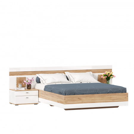 Фото кровать двуспальная 1600 с тумбами и  декоративным щитом фиджи (дуб золотой/белый) Любимый Дом