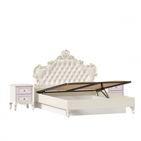 Фото кровать двуспальная 1600 с тумбами с подъемным механизмом с мягким изголовьем маркиза (алебастр/шампань) Любимый Дом