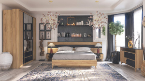 Фото кровать двуспальная 1600 с подъемным механизмом шелли (дуб золотой/мрамор чёрный) Любимый Дом